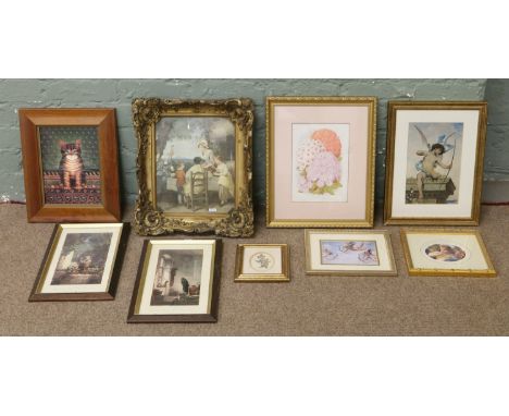 An antique print in gilt gesso frame and other framed prints.