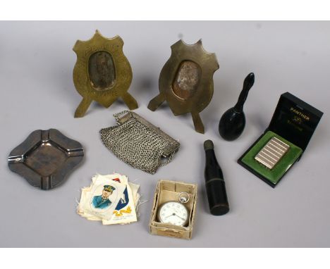 A shoe box of collectables World War One trench art, cased Panther cigarette lighter, railway time keeper pocket watch, chain