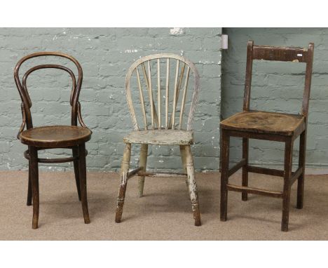 A Bentwood chair, painted Ercol spindle back chair and an antique glazed chair.