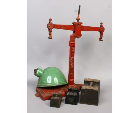 A set of Victorian painted case iron beam scales makers W. S. Manchester three cast weights 28, 7 and 4 lbs and an enamelled 