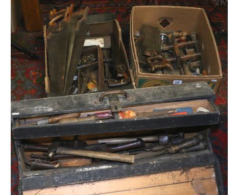 A vintage joiners case and two boxes of joinery and engineering tools including hand saws, hammers, files, planes, chisels et