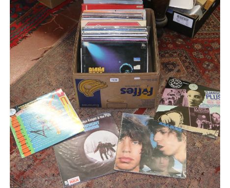 A box of L.P records rock, pop and classical including Rolling Stones, Peter Frampton, Van Halen and Phil Collins etc.