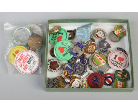 A collection of Trade Union badges including vintage enamel examples.