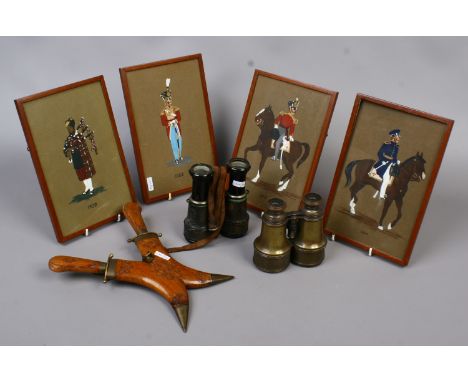 A set of four framed gouache pictures, military costume, two pairs of field binoculars and an Indian eating set in carved woo