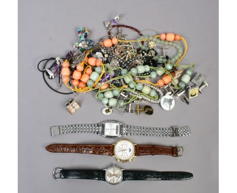 A small collection of vintage costume jewellery and gentleman's cufflinks along with two quartz wristwatches, one a Sekonda c