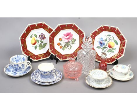 A collection of ceramics and glass including a Rockingham cup and saucer (AF) three octagonal Spode cabinet plates and a colo