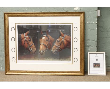 Susan Crawford (Scottish b.1941) signed limited edition artist proof print, three head study of Frankel, bay racehorse framed