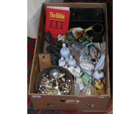 A box of miscellaneous including a vintage box camera, costume jewellery, horse brasses, carnival glass, ornamental ceramic a