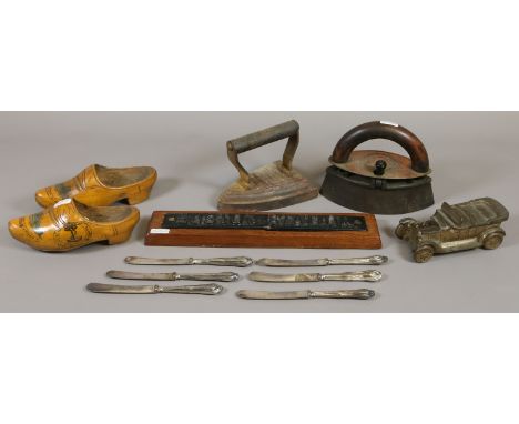 A Euston Station railway sign, novelty motor car inkwell, pair of naval interest dogs, diamond club box iron, Silvester flat 