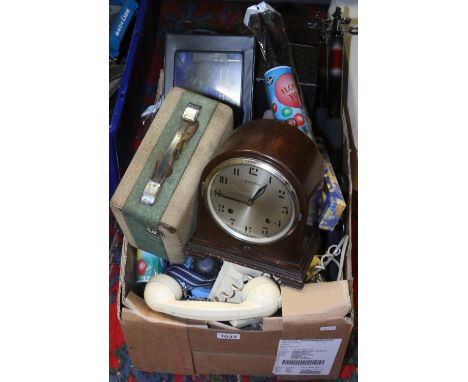 A box of miscellaneous including a vintage telephone, Bravingtons mantel clock, telescopic fishing rods, pressure cleaner, wi