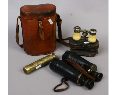 A pair of leather cased Busch binoculars, pair of cased opera glasses and a brass mounted scout telescope, marked BP Teliscou