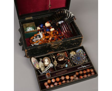 A Victorian leather mounted jewellery box and quantity of vintage costume jewellery including rolled gold, carnelian bead nec