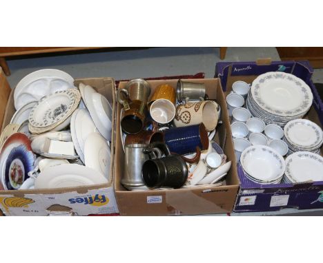 Three boxes of miscellaneous ceramics Prinknash tankard, Noritake coffee cans and a German dinner service etc.