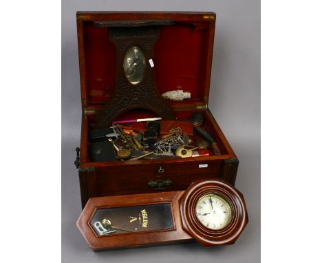 An oak picture frame, thirty one day regulator clock and cutlery canteen  containing  assorted collectables including pocket 