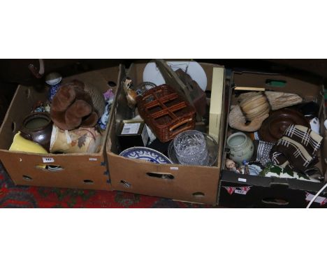 Three boxes of miscellaneous ceramics and glass, stoneware cook pot, Hummel style figure etc.