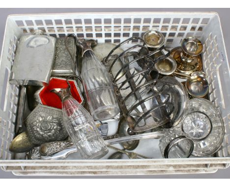 A pair of silver rimmed cut glass salt sellers, C19th white metal fiddle thread and shell ladle, glass oil bottle and other s