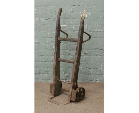 A vintage wooden and iron sack barrow (AF). Includes VAT on hammer.