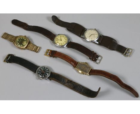An Art Deco gold plated Bulova manual wristwatch and four other vintage manual wristwatches.