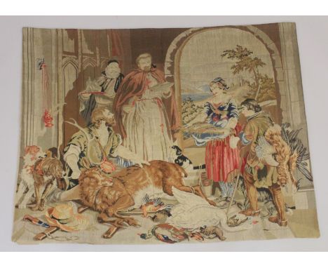 A GOOD GROS POINT HUNTING AND FISHING TAPESTRY. 39ins x 51ins.