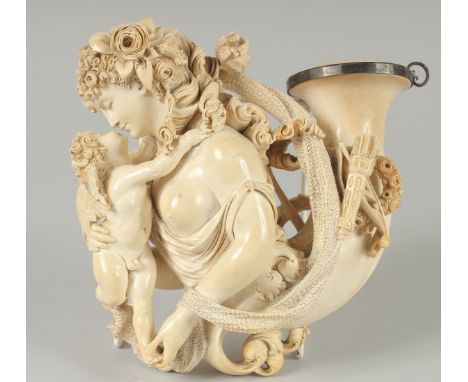 A SUPERB MUSEUM QUALITY CARVED WHITE MEERSCHAUM CHEROOT HOLDER, as a CORNUCOPIA with a classical young semi nude lady holding