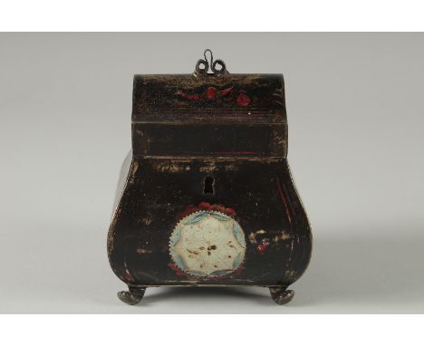 A GOOD 19TH CENTURY TOLEWARE PAGODA SHAPED TEA CADDY 5.5ins high.