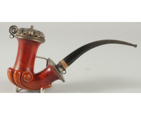 A GOOD 18TH CENTURY GERMAN MEERSCHAUM PIPE, good colour, with carved scrolling and silver mounts. Maker: S. K., 10cm long, 11