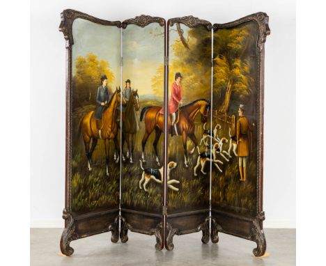 A 4-piece room divider with a painted hunting scène.&nbsp;Dimensions: (W:226 x H:190 cm)