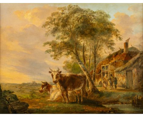 Jan VAN RAVENSWAAY (1815-1849) 'Cows and a farm' oil on panel.&nbsp;Signed lower middle. 'J. Van Ravenswaay'Condition report: