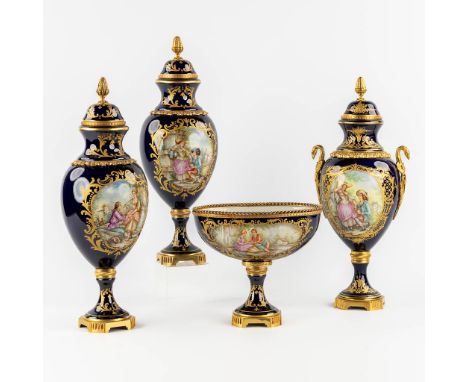 Limoges, three vases and a bowl, hand-painted porcelain mounted with bronze. 20th century.&nbsp;Dimensions: (H:51 x D:17 cm)