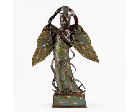 An Oriental figurine of an Angel with a flute, Champslevé bronze.&nbsp;Condition report: Restorations.&nbsp;Dimensions: (L:15