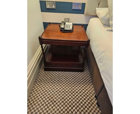 A Pair Of Mahogany Side Tables The Square Top Raised On Carved Turned Supports With A Lower Open Shelf Area Raised On Plinth 