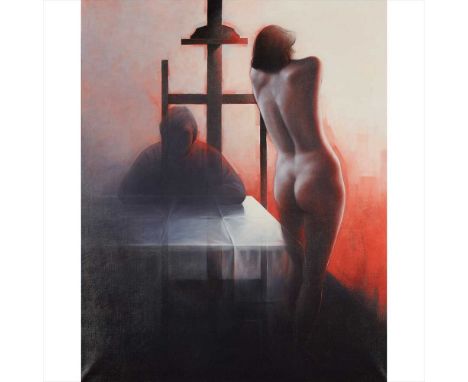 § GUY GLADWELL (BRITISH 1946-2014) NUDE WITH EASEL AND THE ARTISTSigned and dated '89, oil on canvas (Dimensions: 152cm x 122