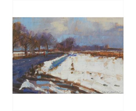 § DAVID SAWYER (BRITISH B.1961) SNOW ON THE DOWNS, NEAR WARLINGHAMSigned, oil on board (Dimensions: 16.5cm x 24cm (6.5in x 9.