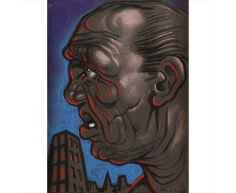 § PETER HOWSON O.B.E. (SCOTTISH B.1958) MAN WITH TOWER BLOCKSigned, pastel (Dimensions: 27.5cm x 20cm (10.75in x 8in))Biograp