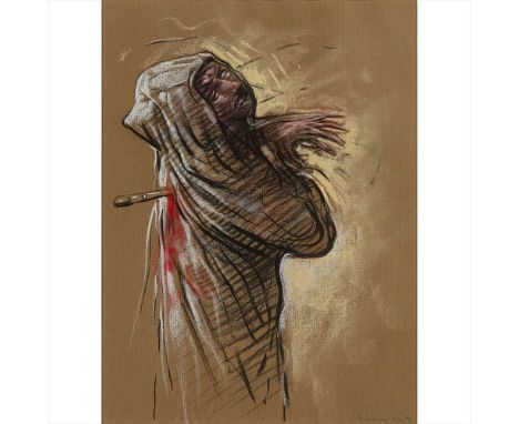 § PETER HOWSON O.B.E. (SCOTTISH B.1958) BETRAYALSigned and dated 2003, charcoal and coloured pastel on brown paper (Dimension