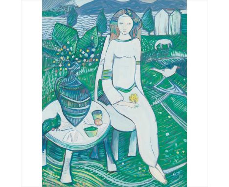 § ATTRIBUTED TO KAI FJELL (NORWEGIAN 1907-1989) WOMAN WAITINGSigned, gouache (Dimensions: 68cm x 53cm (26.75in x 20.75in))Bio