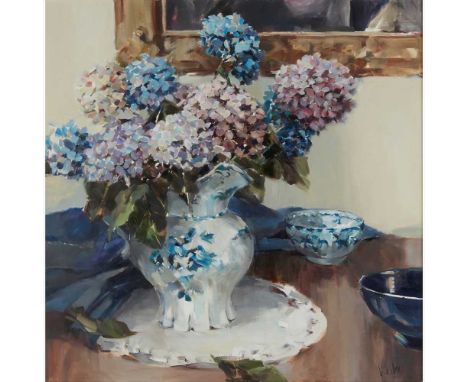 § ETHEL WALKER (SCOTTISH B.1941) HYDRANGEASSigned, oil on board (Dimensions: 80cm x 80cm (31.5in x 31.5in))Biography: Ethel W
