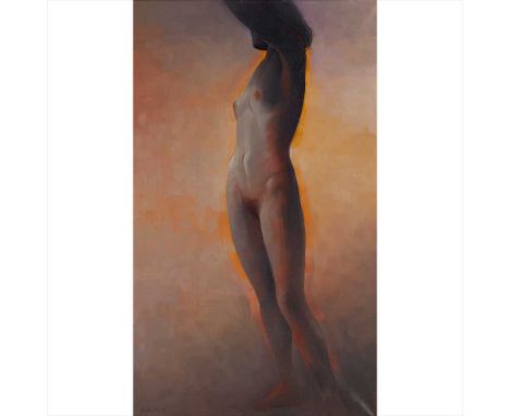 § GUY GLADWELL (BRITISH 1946-2014) STANDING NUDESigned and dated '89, oil on canvas (Dimensions: 111cm x 67.5cm (43.75in x 26