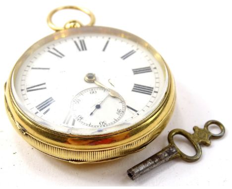 A Victorian 18ct gold pocket watch, having ceramic dial with Roman numerals and minute track, with subsidiary seconds dial to