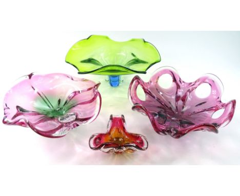 Various studio glass, to include a Murano style 1960s flower head bowl in green pink and clear glass, 28cm wide, unmarked, a 