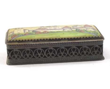 An Indian base metal and enamel finish casket, of rounded rectangular outline, with removable lid and pierced body, unmarked,