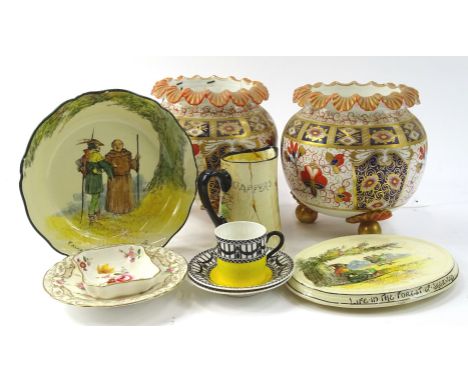 Various china and effects, comprising a pair of Wedgwood Portland vase marked Imari vases of bulbous outline with floral rims