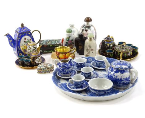 Various miniature china and effects, to include a Summer Fruit pattern Worcester style cup, 3cm high and saucer, blue and whi