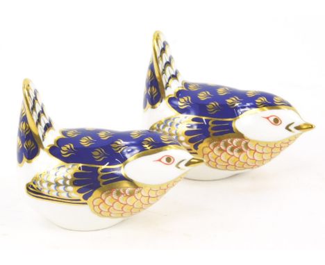 Two Royal Crown Derby porcelain Wren paperweights, decorated in Imari colours, no gold button.