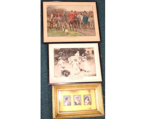 A 19thC giltwood frame, of part rectangular outline, 30cm x 42cm, containing three prints of ladies, a winters morning huntin