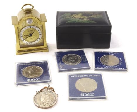 A Swiza miniature bracket clock, with Swiss movement, in original box, and a Japanese lacquer box containing various commemor