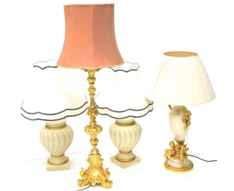 A collection of table lamps, to include a alabaster example with gilt metal mounts, a Italian style gilt composition table la