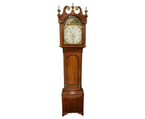 A Bottomley, Boston. An early 19thC long case clock, the painted dial, decorated with huntsman and hounds, above four floral 