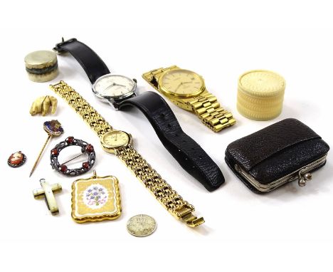 A quantity of jewellery etc, to include a stick pin, Tissot Seastar watch, early 20thC ivory box and cover, brooch, purse, et