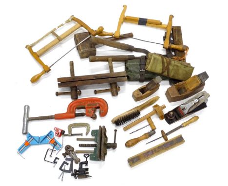 Various bygone tools early 20thC and later, to include mallet 35cm high, saws, clamps etc. (a quantity)